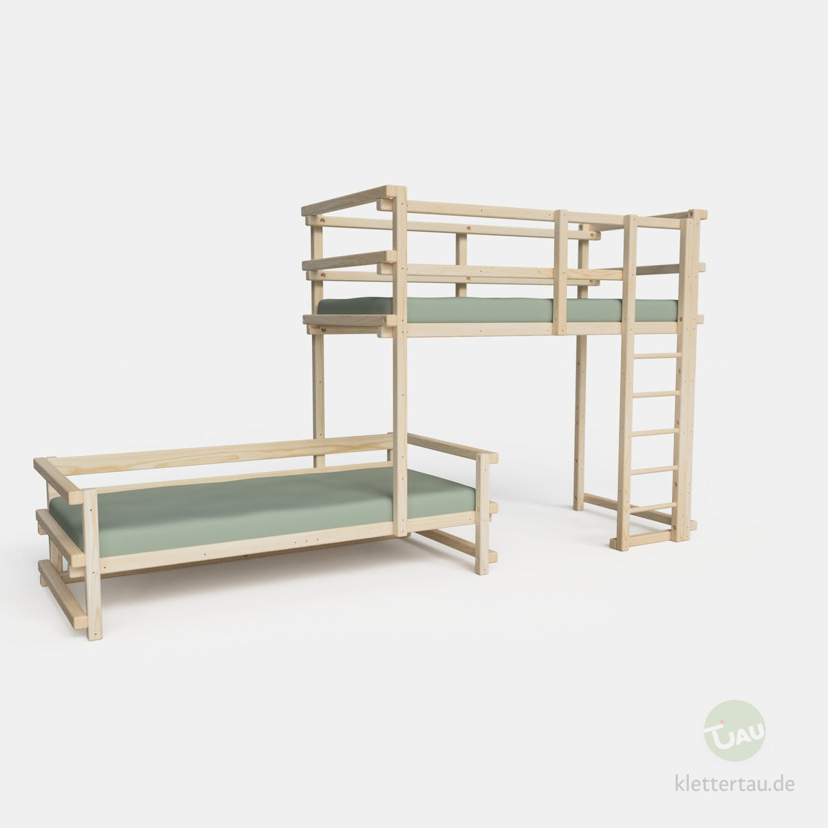 Wooden bunk bed, three-quarters offset