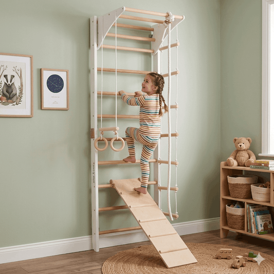 Weiße Kletterwand HANNAH mit Kind beim Klettern