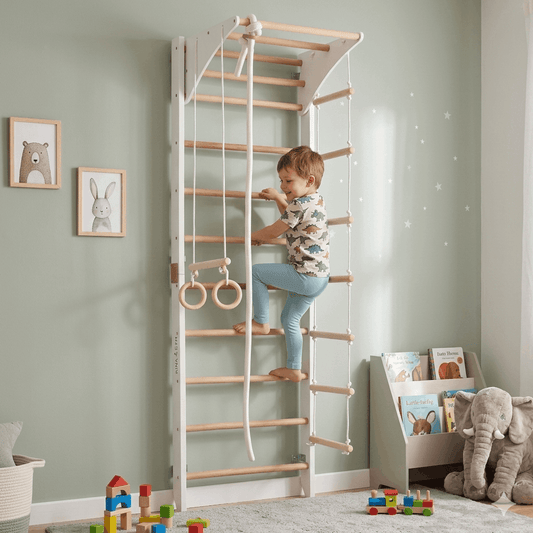 Weiße Kletterwand LARA mit Kind beim Klettern