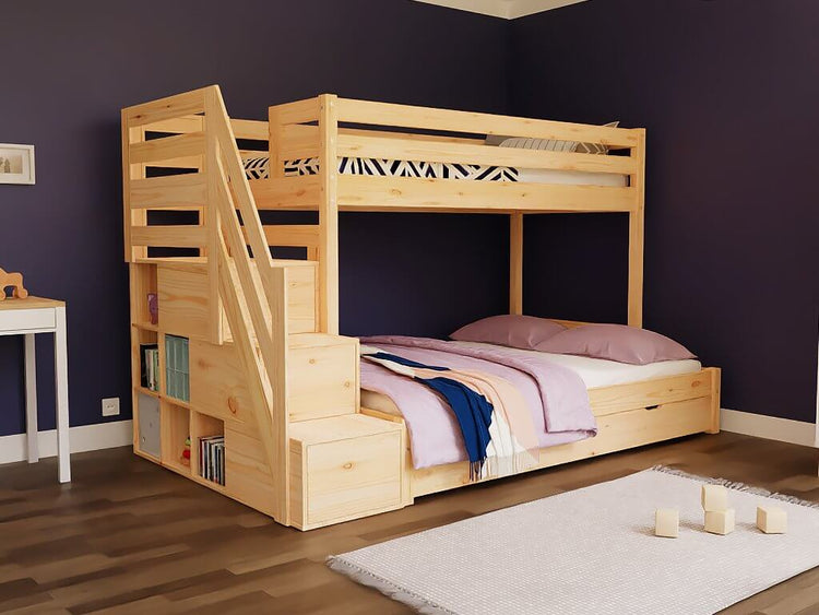Holz Etagenbett HANNES für 3 Personen mit Stufenregal, versch. Farben im modernen Kinderzimmer