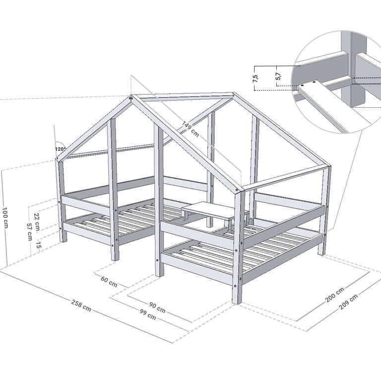 Hausbett TWIN für Zwillinge, versch. Maße & Farben – technische Zeichnung des Hochbettes.