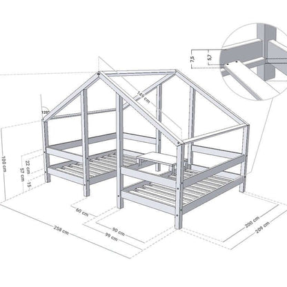 Hausbett TWIN für Zwillinge, versch. Maße & Farben – technische Zeichnung des Hochbettes.