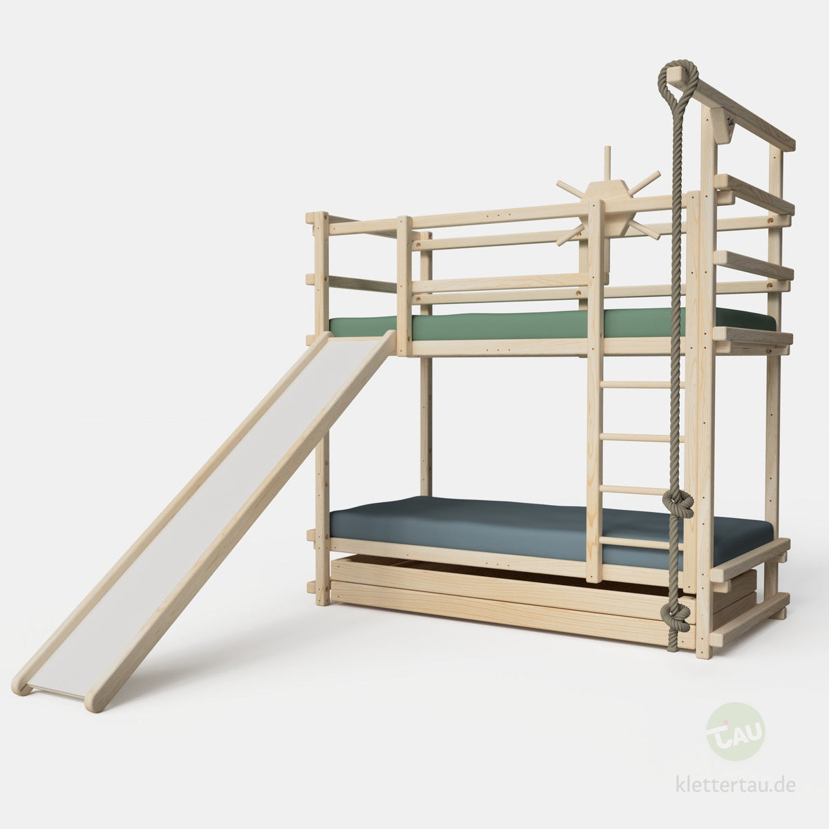Abenteuer-Etagenbett mit Kletterseil und Rutsche