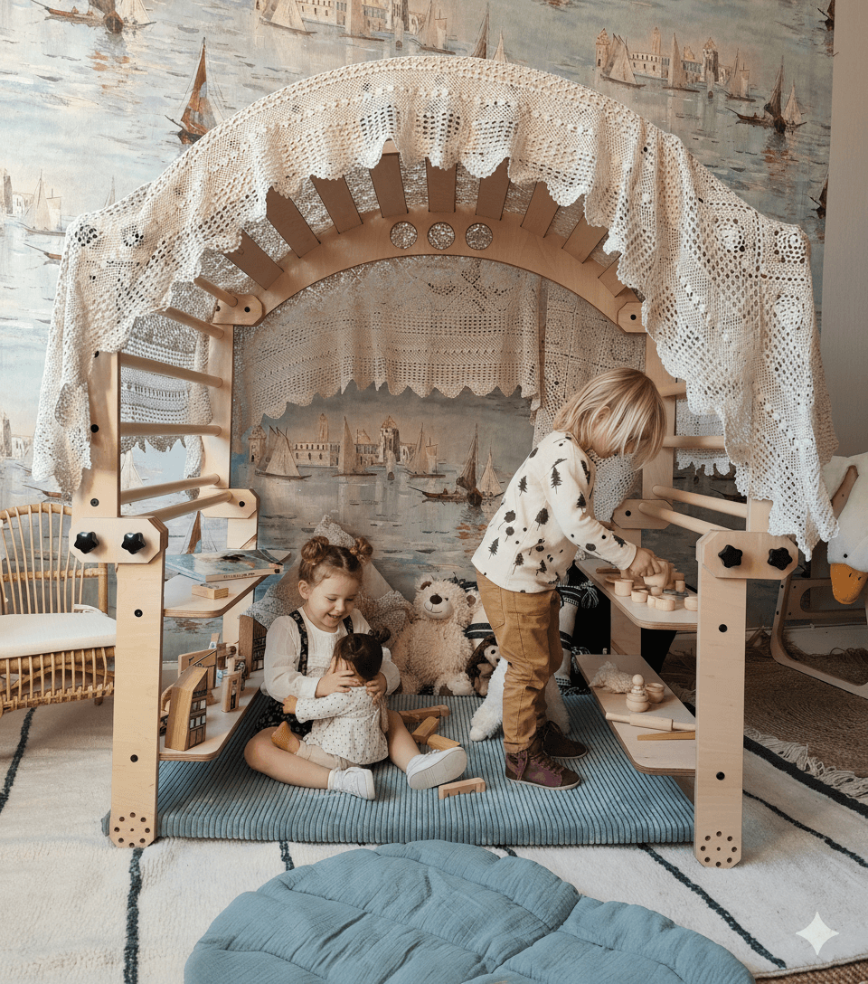 Wandelbares Kletterset Fynn als Kletterparcours und Leseecke im Kinderzimmer