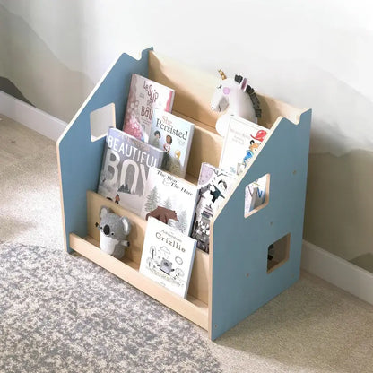 Blaues Häuschen-Bücherregal mit Frontfächern