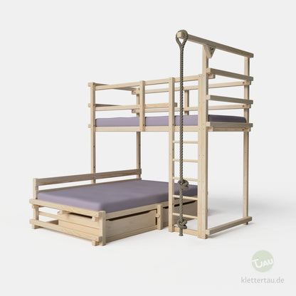 Wooden L-shaped bunk bed