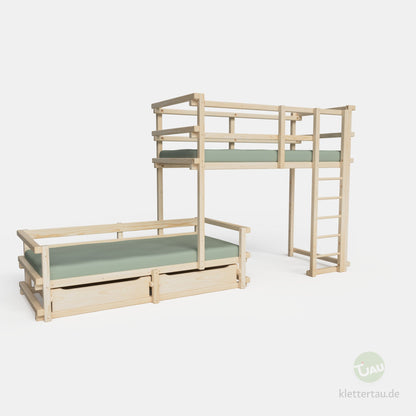Wooden bunk bed, three-quarters offset