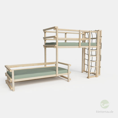 Wooden bunk bed, three-quarters offset