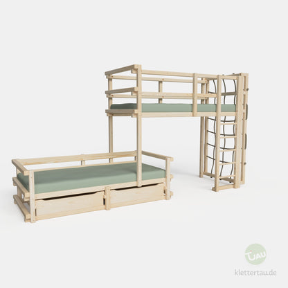 Wooden bunk bed, three-quarters offset