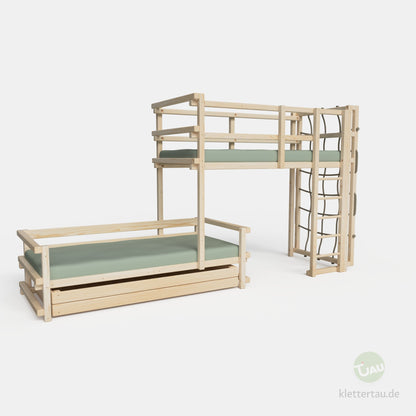 Wooden bunk bed, three-quarters offset