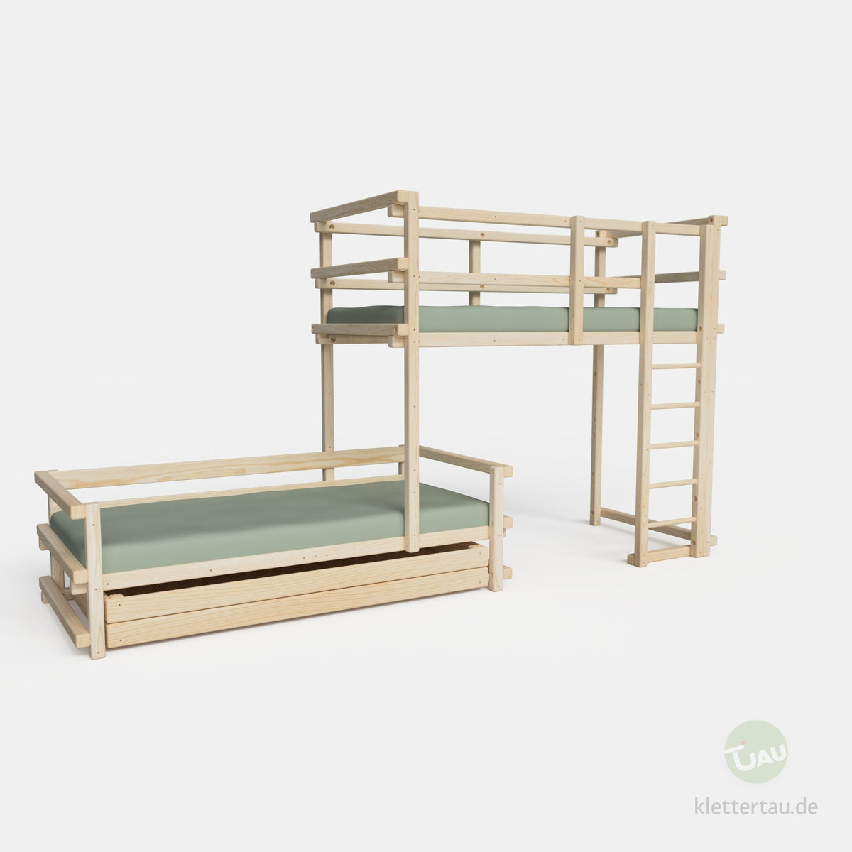 Wooden bunk bed, three-quarters offset