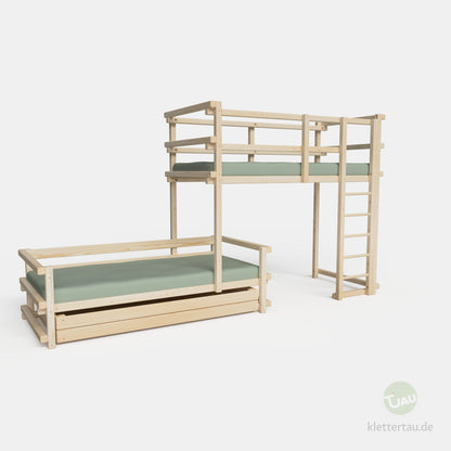 Wooden bunk bed, three-quarters offset