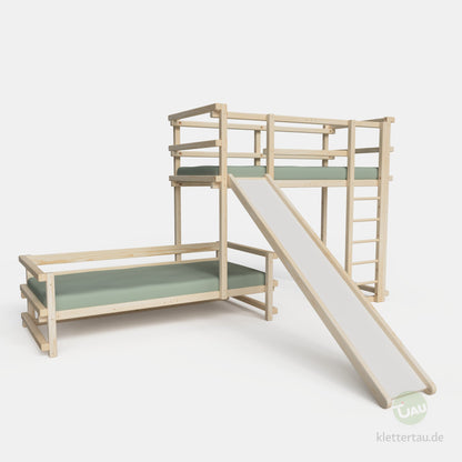 Wooden bunk bed, three-quarters offset
