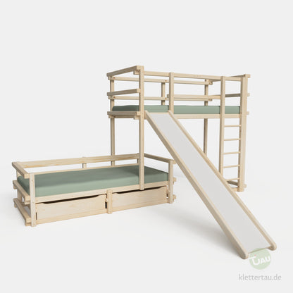 Wooden bunk bed, three-quarters offset