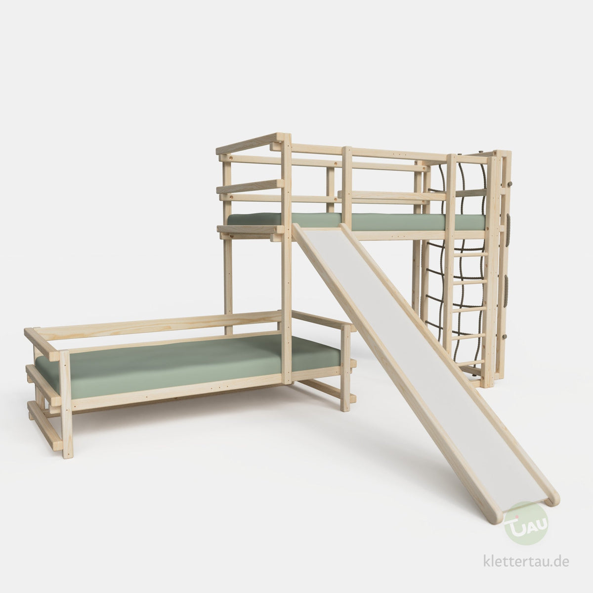 Wooden bunk bed, three-quarters offset