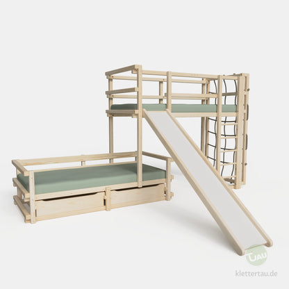 Wooden bunk bed, three-quarters offset
