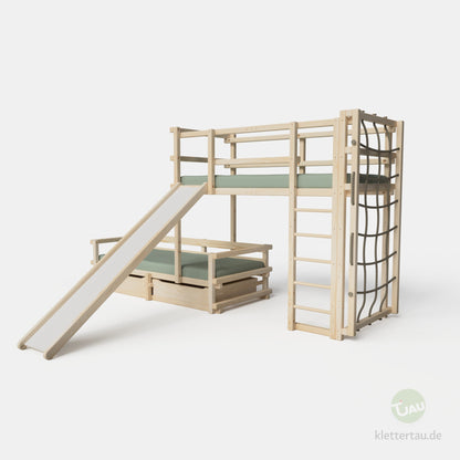 Wooden bunk bed, three-quarters offset