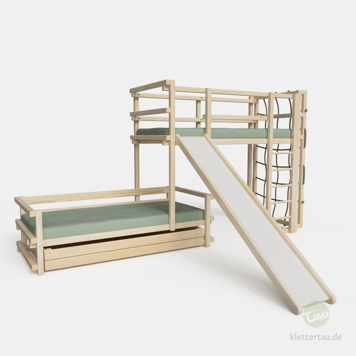 Wooden bunk bed, three-quarters offset