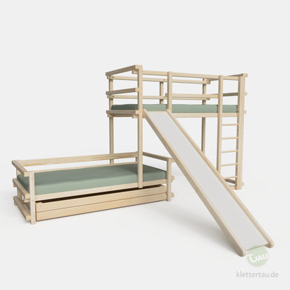 Wooden bunk bed, three-quarters offset