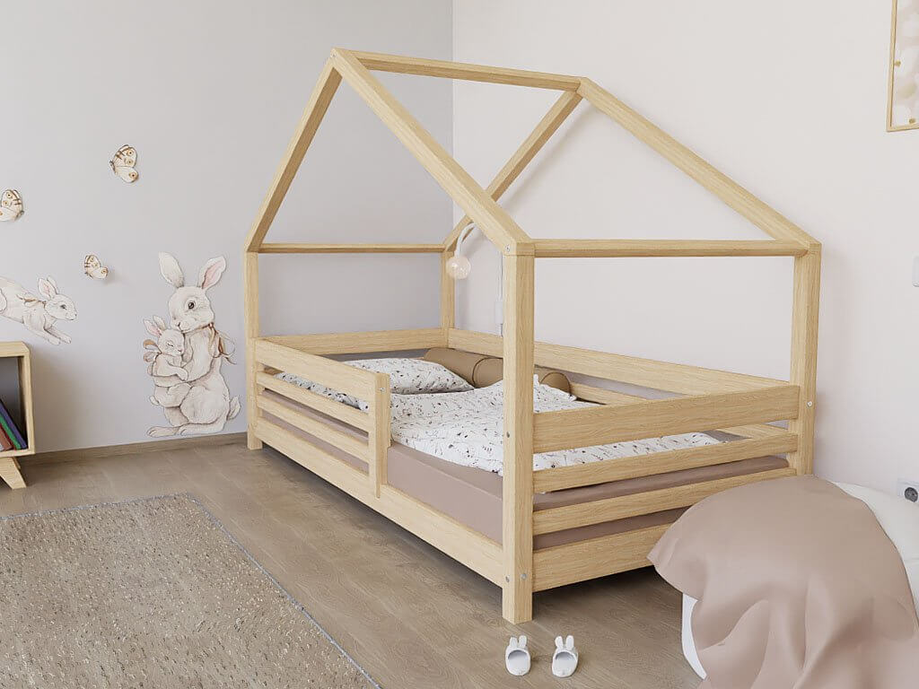 Naturfarbenes Hausbett EMMI mit Dachform