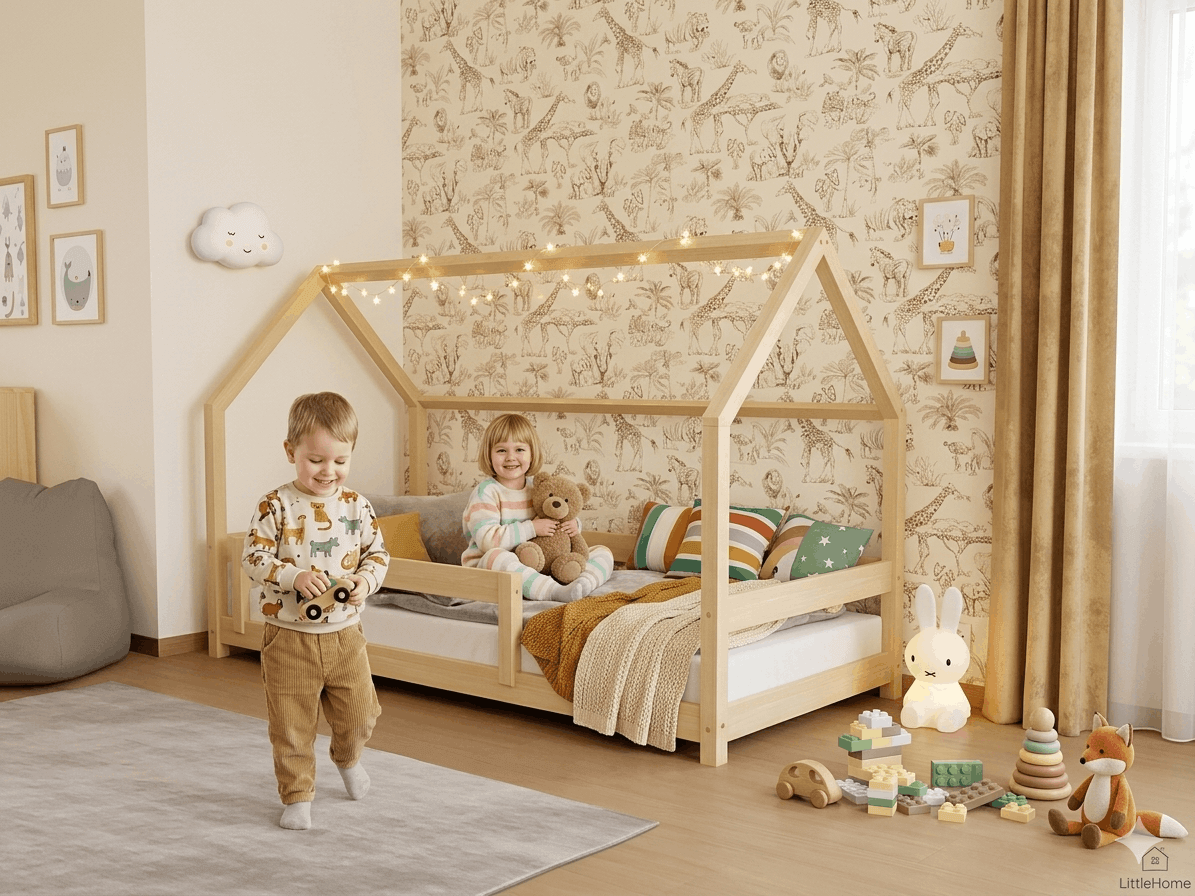 Hausbett FENNA mit Rausfallschutz und spielenden Kindern von Benlemi