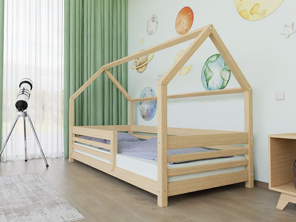 Hausbett LOTTA in Natur mit Rausfallschutz aus Holz