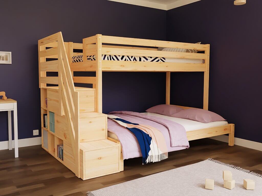 Holz Etagenbett HANNES für 3 Personen mit Stufenregal, versch. Farben im gemütlichen Schlafzimmer.