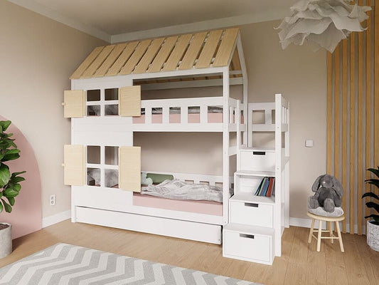 Holz Etagenbett HOLIDAY 90x200 cm – gemütliches Ferienhaus für Kinderzimmer mit Spielhaus-Design.