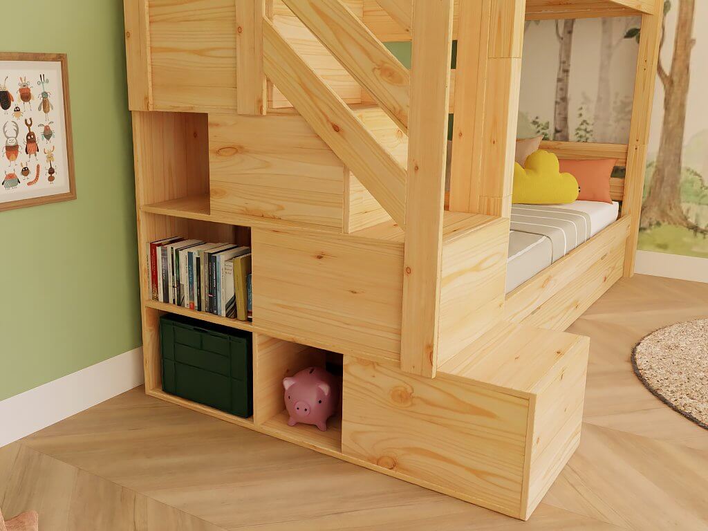 Holz Haus Etagenbett Thea mit Regal – kinderfreundliches, platzsparendes Design mit Regalstufen and Stauraum.