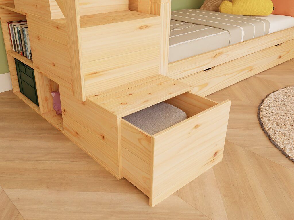Holz Haus Etagenbett Thea mit Regal – moderne Stufen mit Stauraum im Kinderzimmer aus Kiefernholz