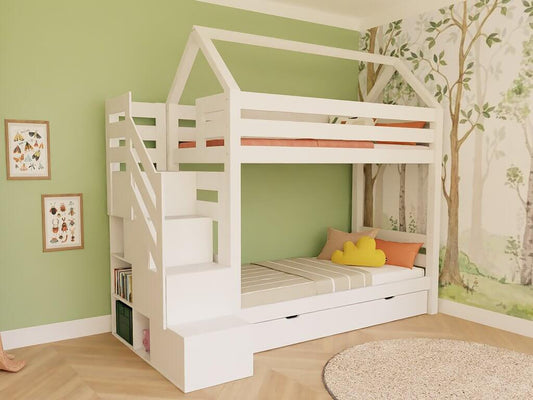 Holz Haus Etagenbett Thea mit Regal in weißem Design für das Kinderzimmer.