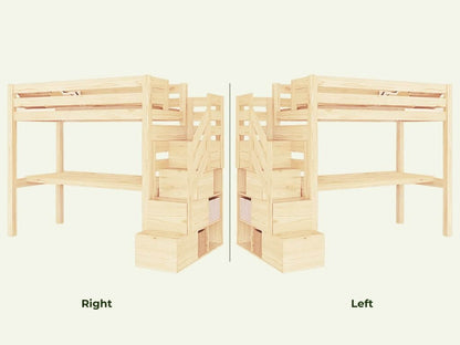 Holz Hochbett mit Stufenregal und Schreibtisch 90x200 cm - Ansicht von links und rechts