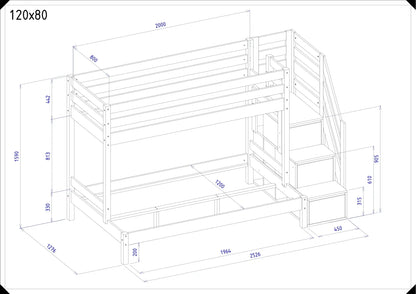 Maßangaben zum Etagenbett HANNES mit Stufenregal in 80x200 und 120x200 cm