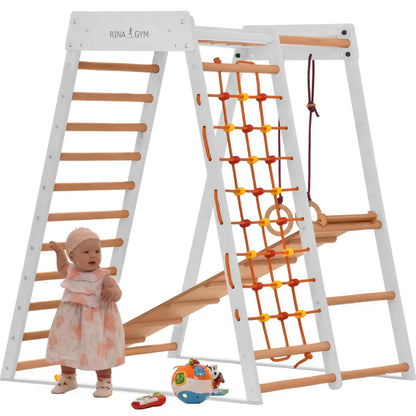 Indoor Spielplatz Kids CLASSIC in Weiß von RINAGYM mit Rutsche und Ringen