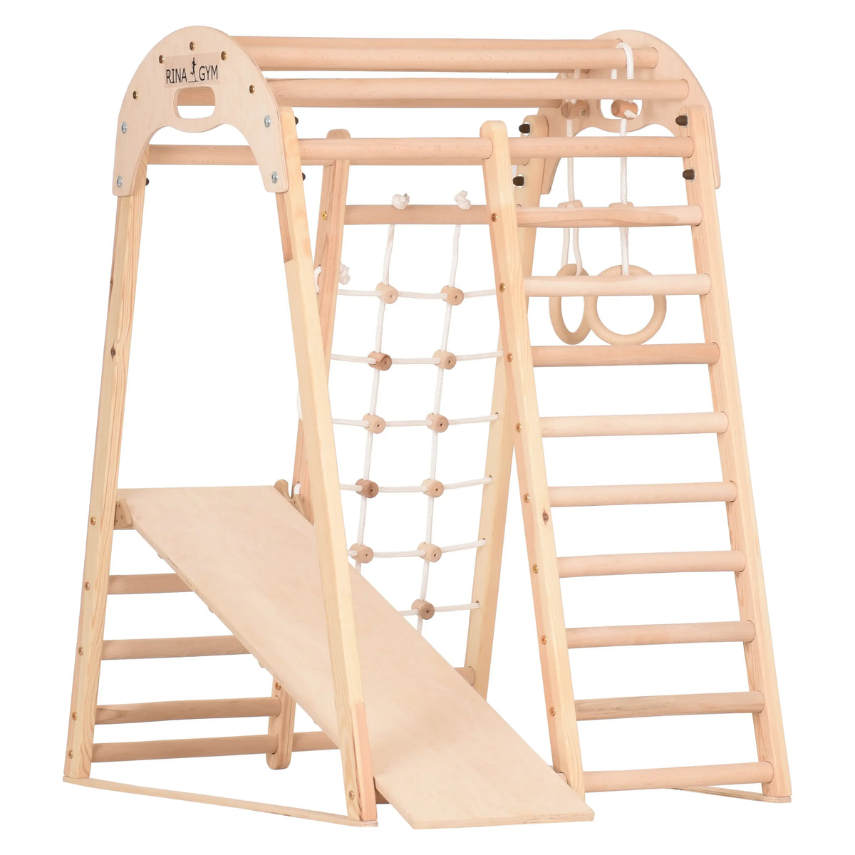 Indoor Spielplatz aus unbehandeltem Holz mit schwedischer Leiter und Kletternetz