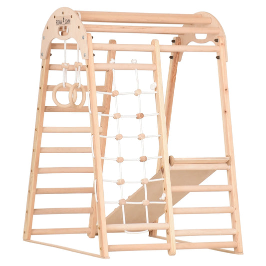 Indoor Spielplatz aus Naturholz von RINAGYM mit Kletternetz, Leiter, Ringen und Rutsche