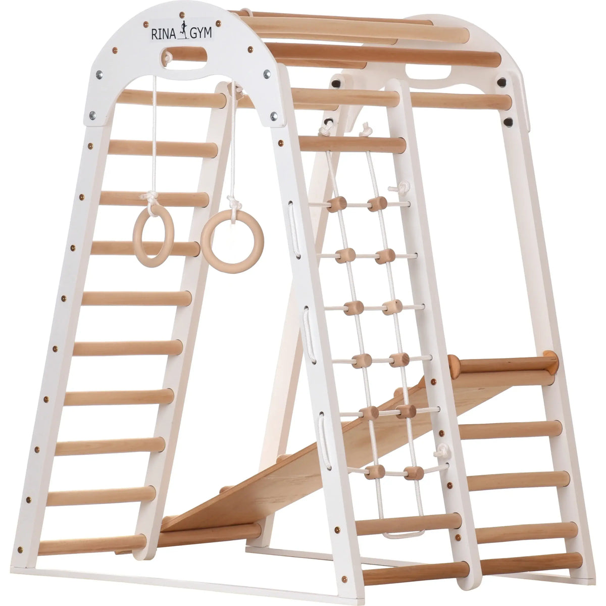 Weißer Indoor-Spielplatz aus Holz mit schwedischer Leiter und Kletternetz