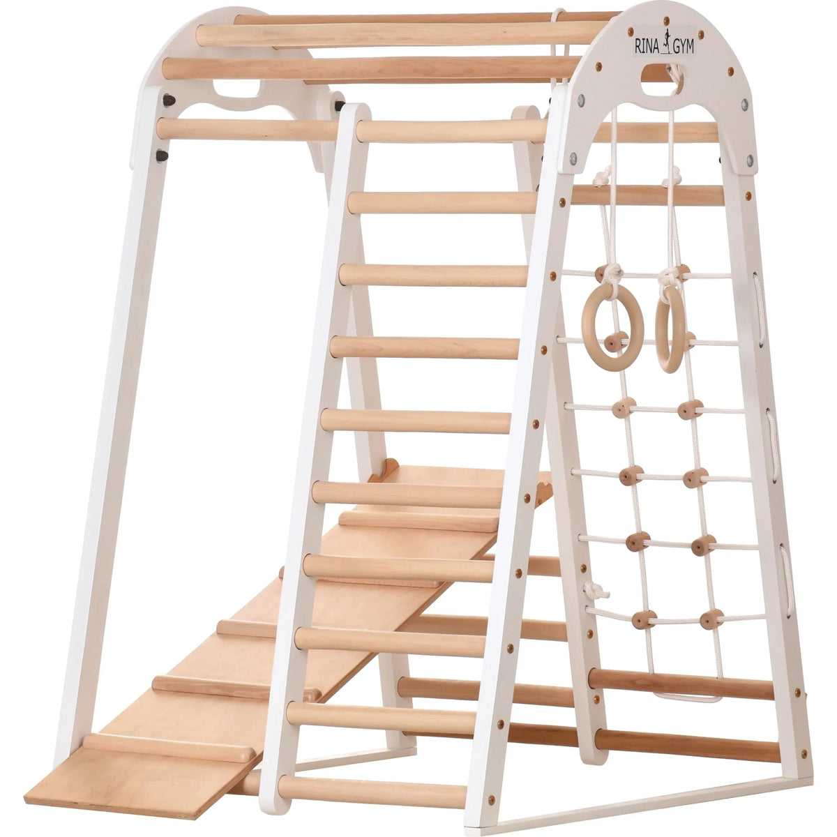 Indoor Spielplatz in Weiß von RINAGYM mit Kletternetz, Leiter, Ringen und Rutsche