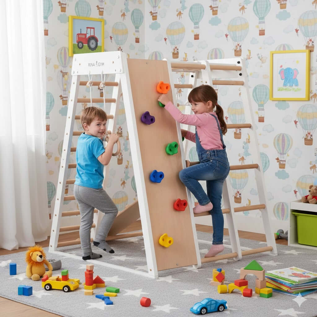 Indoor Spielplatz Kids Playtime in Weiß von RINAGYM mit Rutsche, Ringen und Kletternetz