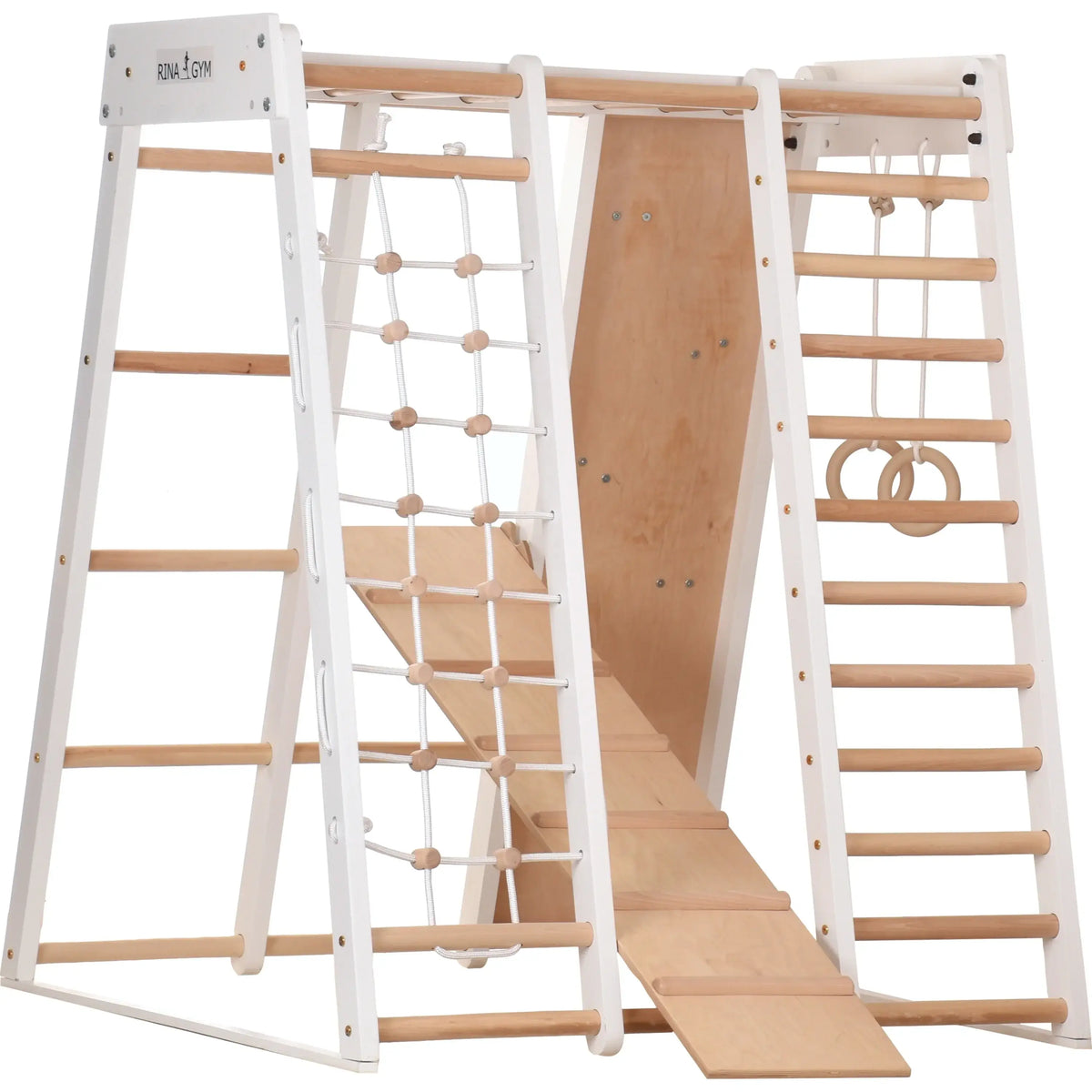 Weißer Kids Playtime Indoor-Spielplatz mit Turnringen und Rutsche