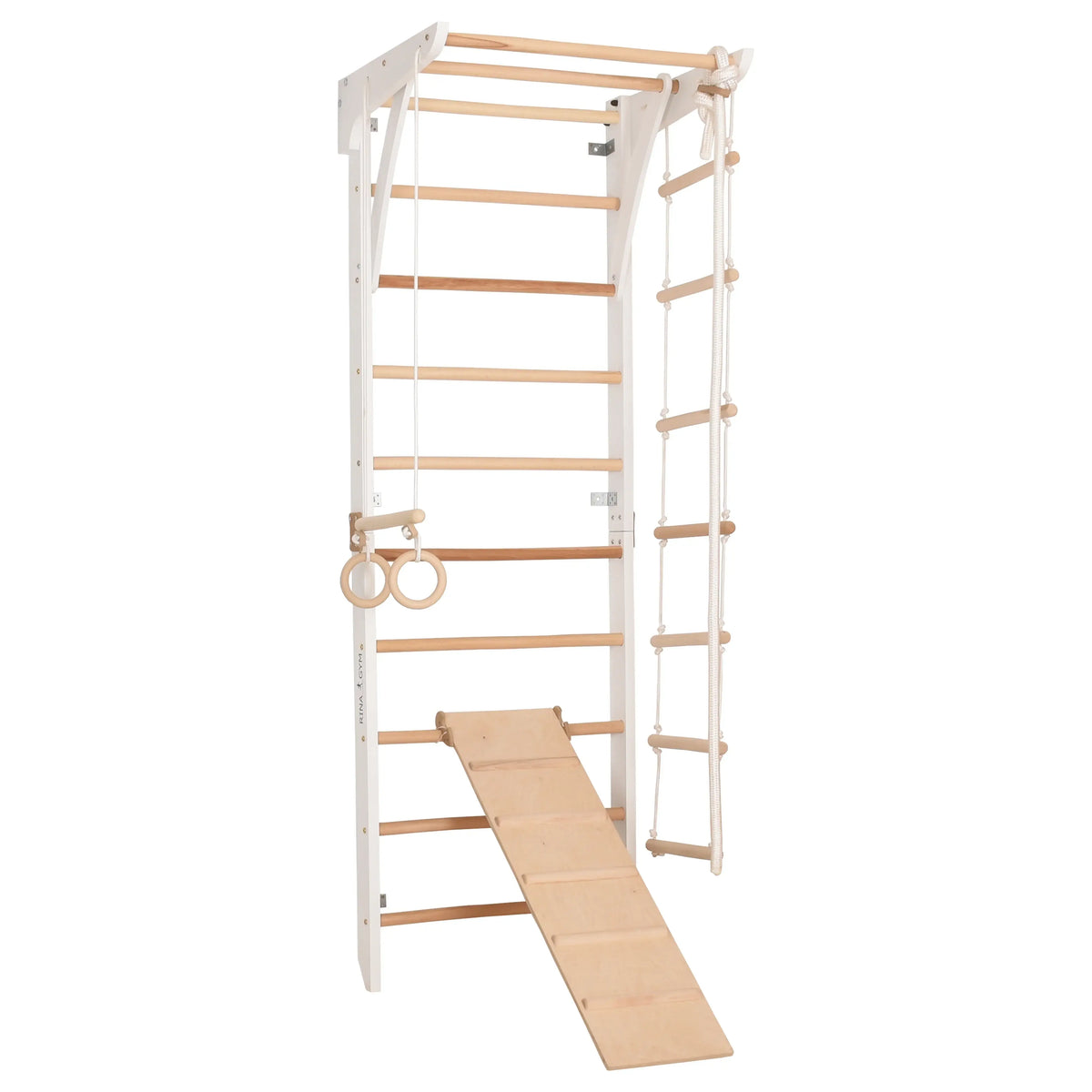 Weiße Kletterwand INA mit Sprossen und Ringen