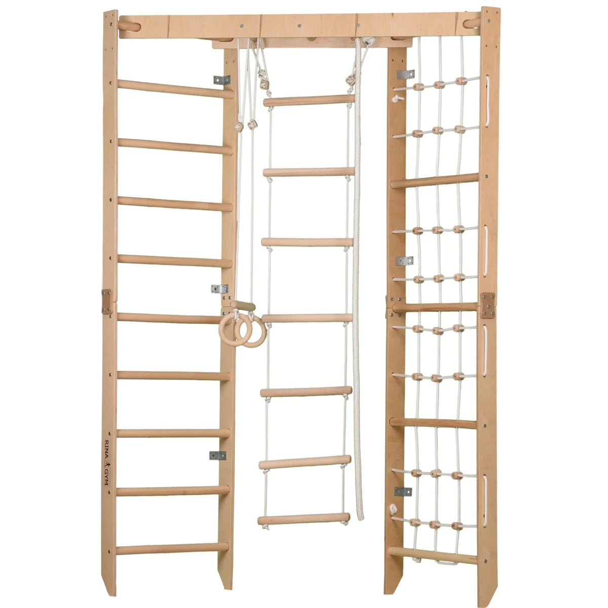Kinder Eck-Kletterwand aus Holz, versch. Farben – Kletternetz, Sprossenwand, Seilleiter und Ringe für Kinder.