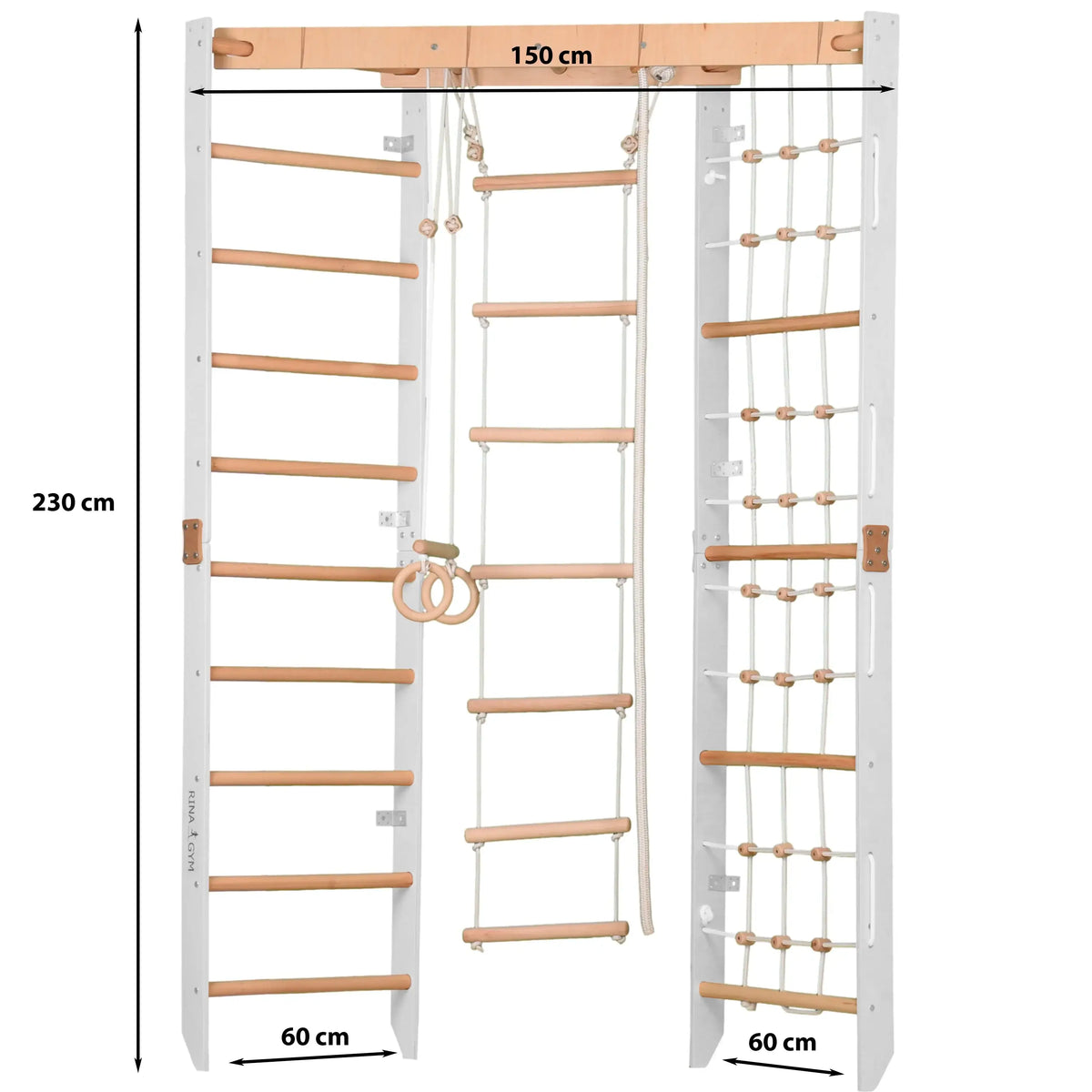 Kinder Eck-Kletterwand aus Holz, versch. Farben mit Sprossenwand, Seilleiter und Ringen