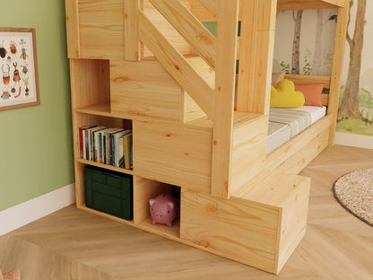 Holz Etagenbett Thea mit Stufenregal - detail der praktischen Regalstufen für Kinderzimmer