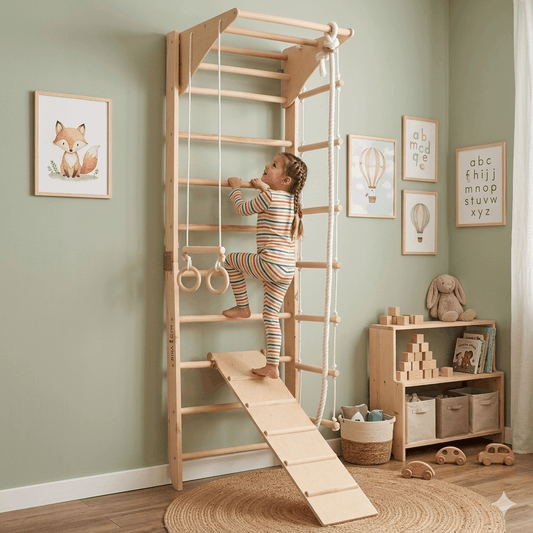Kletterwand HANNAH in Natur von RINAGYM mit kletterndem Kind