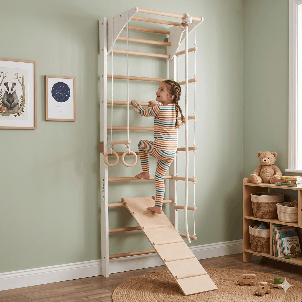 Weiße Kletterwand HANNAH mit Kind beim Klettern