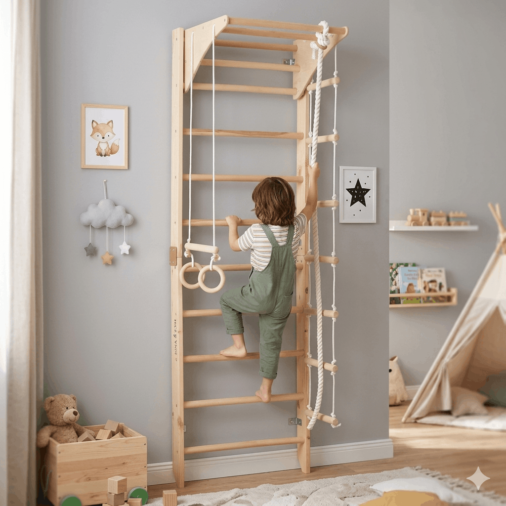 Kletterwand LARA in Natur von RINAGYM mit kletterndem Kind