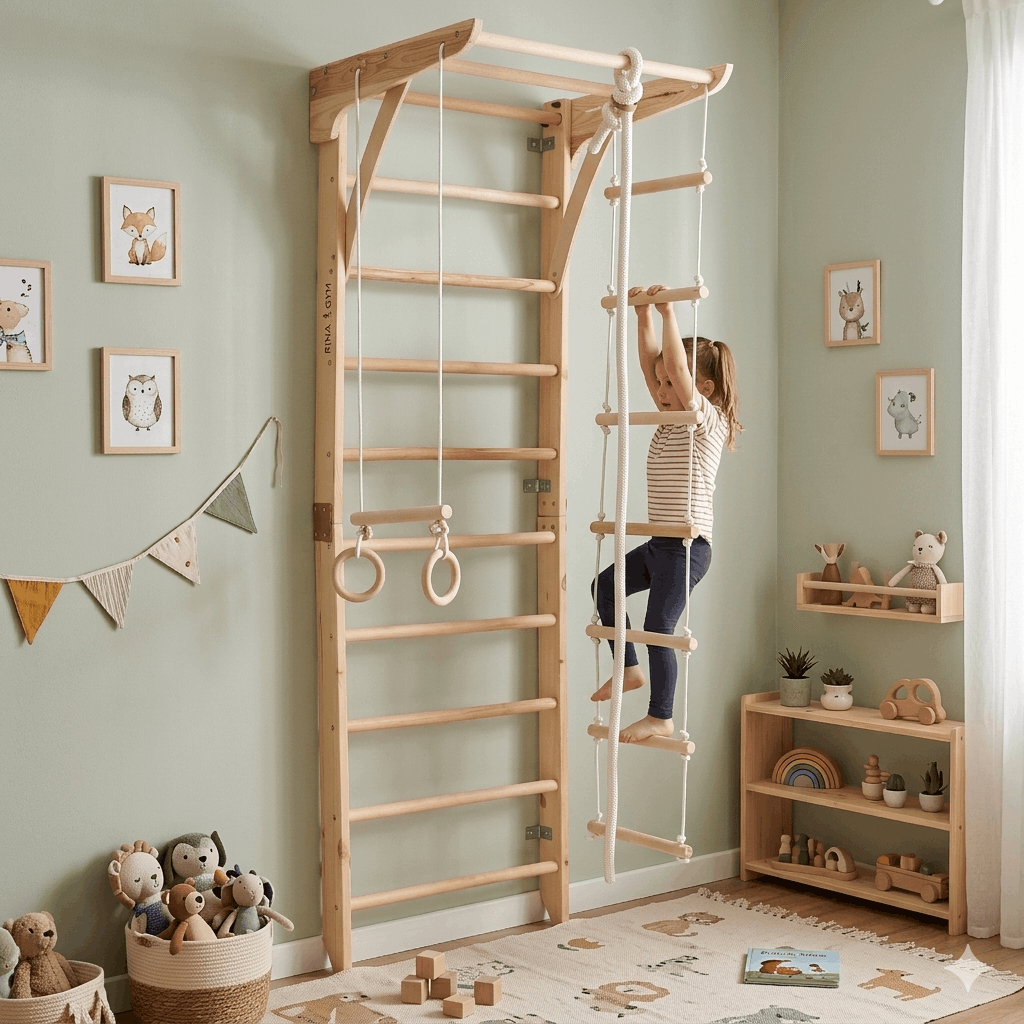 Kletterwand MICHAELA in Natur von RINAGYM mit kletterndem Kind