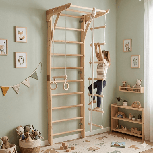 Kletterwand MICHAELA in Natur von RINAGYM mit kletterndem Kind