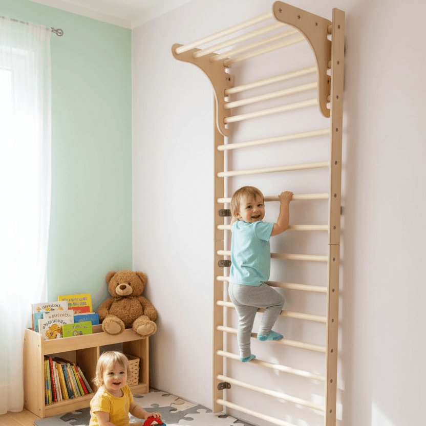 Kletterwand für Kinder aus Holz mit verstellbarer Klimmzugstange im Spielzimmer